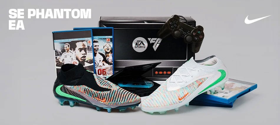 Kampagnen-Banner für EA Sports mit den beiden Erwachsenen-Topmodellen vom Phantom 6 (einmal High, einmal Low) komponiert mit Spielkonsole und EA Sports Fuballgames