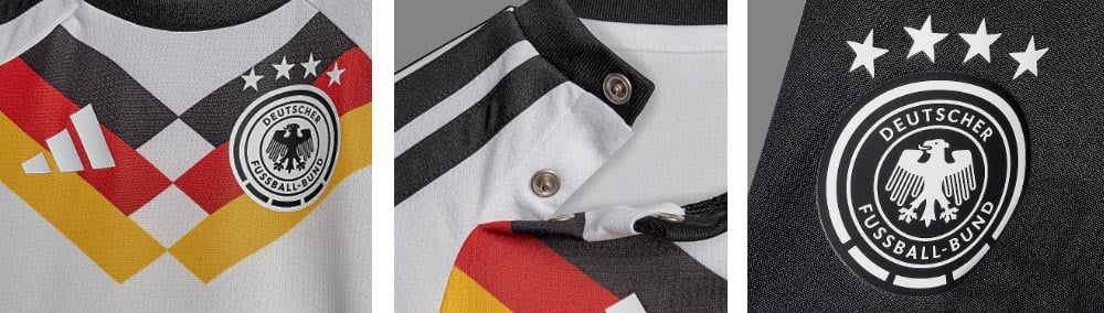 Dreigeteiltes Banner mit Detailansichten des adidas Performance-Logos und DFB-Logos mit vier Sternen thermogedruckt links, mittig Closeup vom Kragen seitlich mit Druckknopfleiste gef&ouml;ffnet f&uuml;r leichteres Anziehen und rechts Closeup des DFB-Wappens ebenfalls thermogedruckt auf dem Bein der schwarzen Short als Closeup