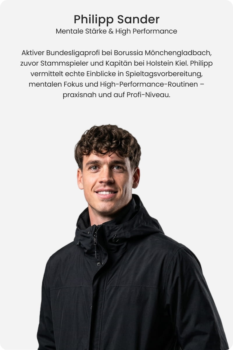 Philipp Sander, Bundesliga professional at Borussia Mönchengladbach and mental strength coach, smiling in black jacket - 11teamsports Football Academy coaching expert
