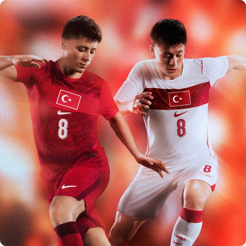 Turkey red home kit and white away shirt with Turkish flag and Türkiye badge - Official Turkish national team jerseys at 11teamsports