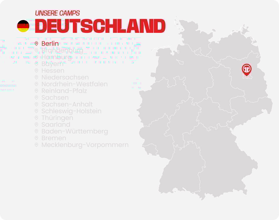 Map of Germany with all federal states listed - Find football camps for children near you at 11teamsports Football Academy