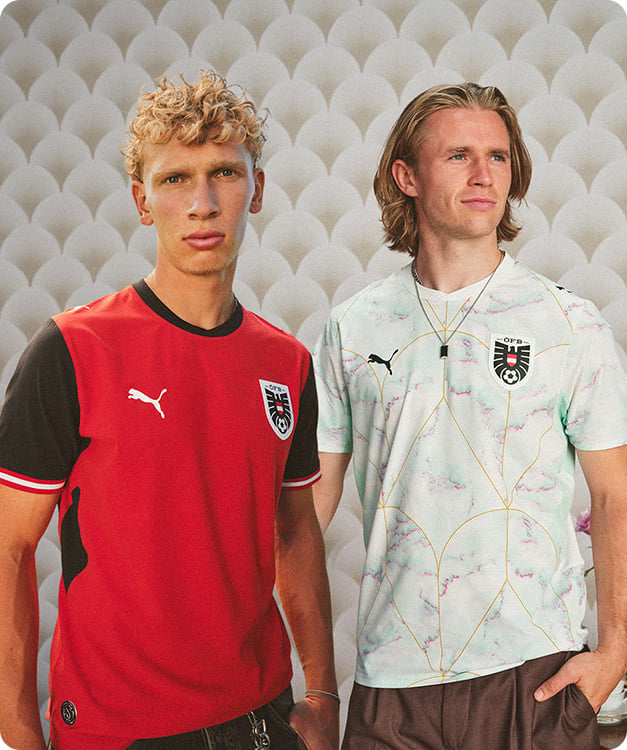 Models in Austria home and away kits with ÖFB badge - Buy official Austrian football shirts at 11teamsports