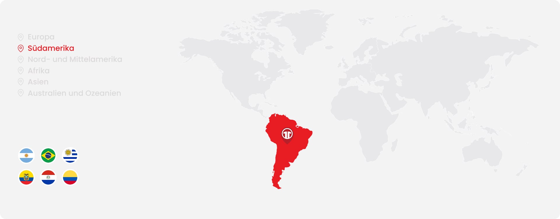World map highlighting South America with national team flags - Shop official South American football shirts at 11teamsports