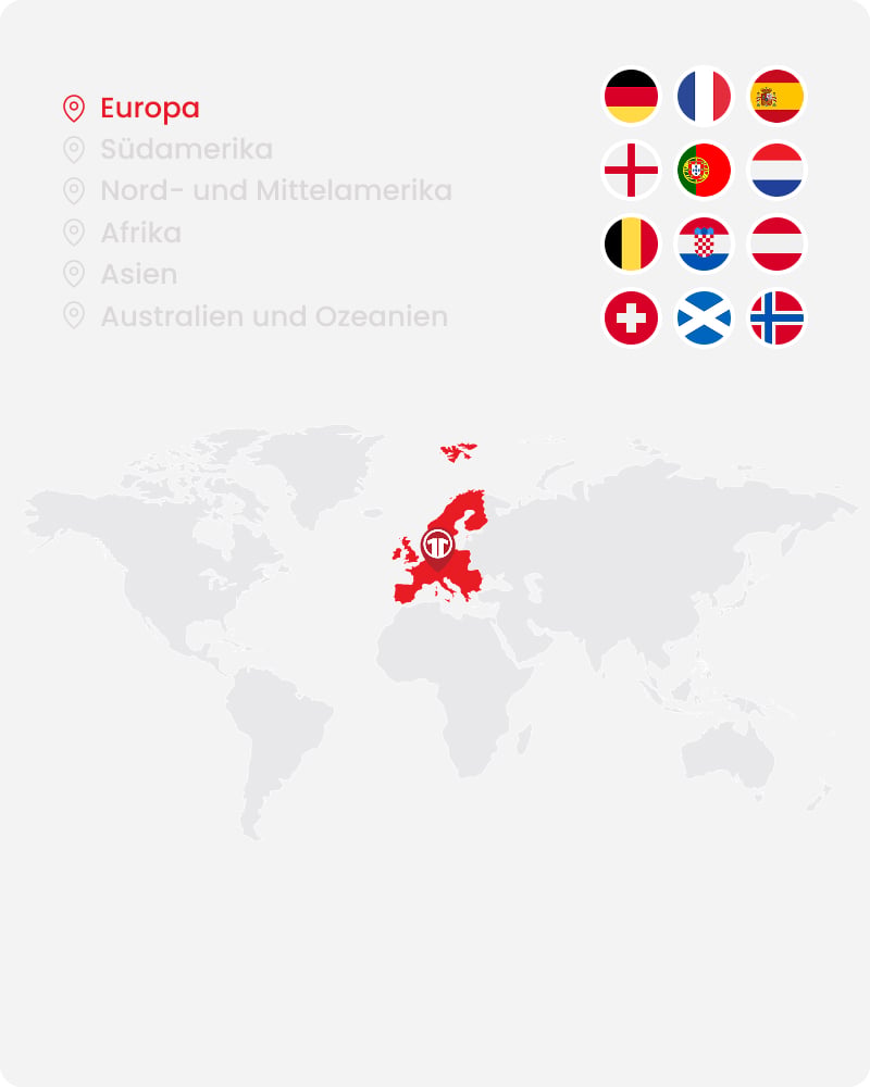 World map highlighting Europe with national team flags - Shop official European football shirts at 11teamsports