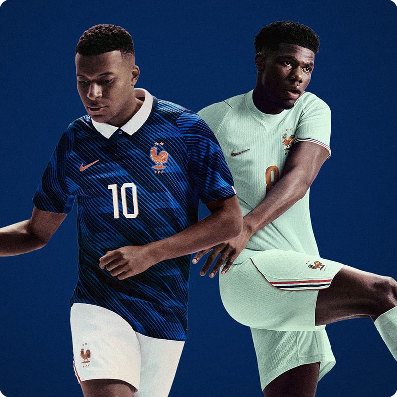 Two players wearing France home and away Nike jerseys - Shop official FFF football shirts at 11teamsports