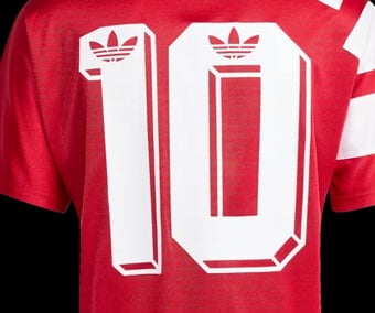 Retro block number 10 on back with authentic 3D adidas Trefoil watermark worked into the number