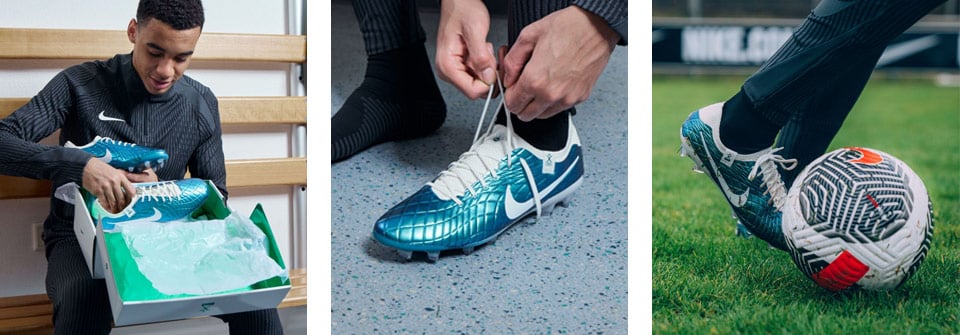Nike Tiempo Emerald - die 30 Jahre Tiempo Jubiläumsedition präsentiert von Top Tiempo Player und Bayern Star Jamal Musiala in drei Bildern: Links Unboxing in der Kabine, mittig Anziehen der Boots, rechts Jamal in Action mit den Tiempo Emerald Fußballschuhen auf dem Rasen