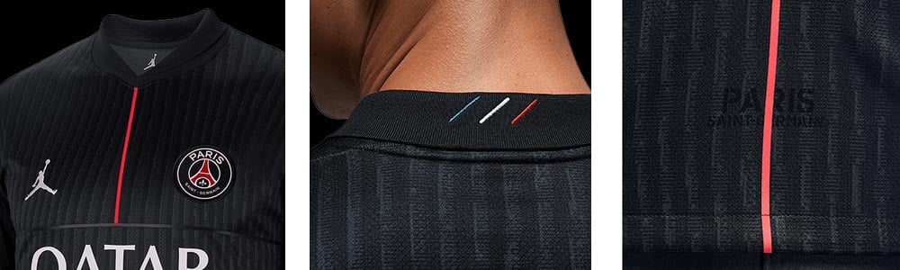 dreiteilige Ansicht des Trikots, links Detail vom Kragen mit Ausschnitt vom Torso mit gesticktem Jordan-Logo und PSG-Webpatch, mittig R&uuml;ckansicht vo Kragen mit dem Tricolore-Linien-Stick, rechts Closeup vom Stoff mit roter Center-Linie und dezent in schwarz aufgedrucktem PARIS SAINT GERMAIN