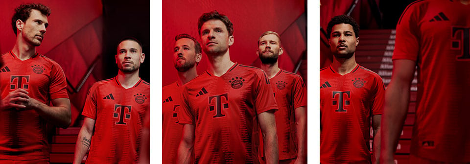 adidas FC Bayern München Trikot Home 2024/2025 - Montage der Bayern-Spieler in der Authentic-Profiversion mit damatisch rot beleuchtetem Treppenaufgang im Hintergrund