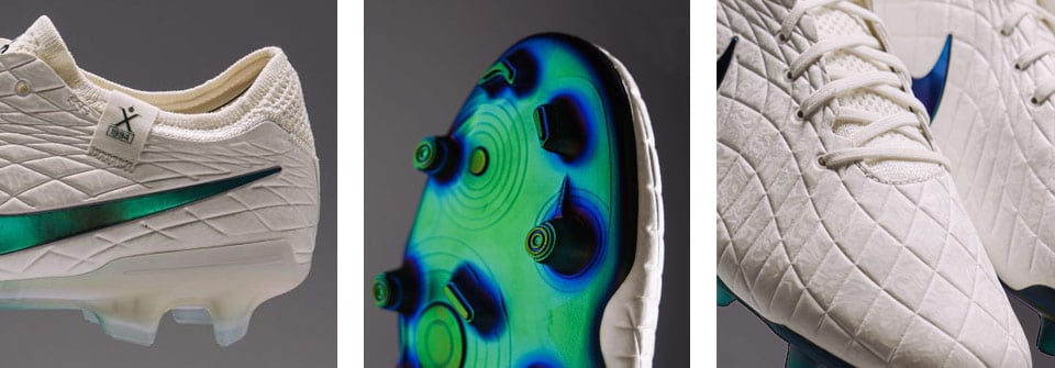 Nike Tiempo Pearl - 30 Jahre Tiempo Limited Edition - Ansicht in drei Bildern mit den Details des Jubiläumsschuhs: links Blick seitlich auf das Custom Label mit Jubiläumsjahr 2024, X für die Modell-Generation Tiempo 10 und das Tiempo-Logo klein darüber - mittig Blick auf die smaragdgrün-perlmutschimmernd beschichtete Sohle mit den FG-Nocken - rechts Close-Up des Obermaterials mit samtiger Qualität und eingearbeitetem Ton-in-Ton-Muster
