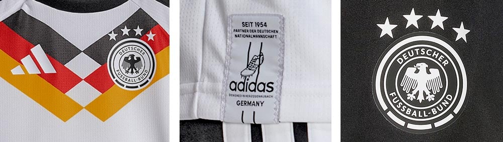 Dreigeteiltes Banner mit Detailansichten des adidas Performance-Logos und DFB-Logos mit vier Sternen thermogedruckt links, mittig das Retro-Label "adidas DFB Partner seit 1954" und rechts Closeup des DFB-Wappens ebenfalls thermogedruckt auf dem Bein der schwarzen Short als Closeup