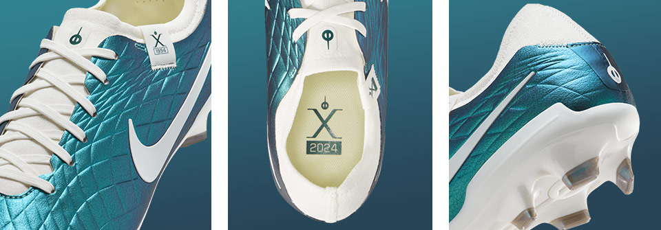 Nike Tiempo Emerald - die Tiempo 30 Jahre Jubiläumsedition - das wertige Pro-Modell mit FG-Nockensohle in 3 Ansichten: links Blick auf die Zunge mit Tiempo-Logo und seitlich die smaragdgrün schimmernde Sonderbeschichtung mit diamantformigem Prägemuster, mittig Blick in den Schuh mit Sohle, rechts Fersenansicht mit Tiempologo