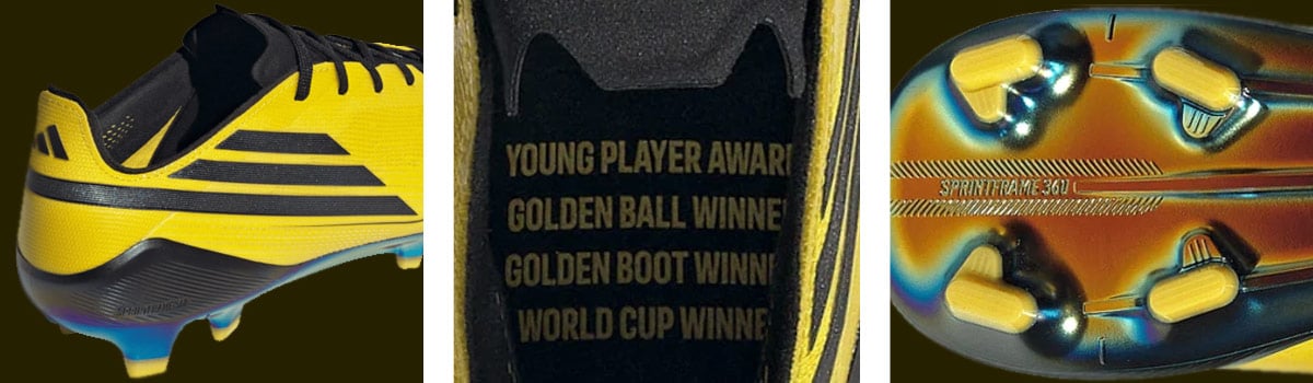Dreiteilige Detailanzicht zur adidas F50 Adizero FG Limited Edition mit synthetischem Upper