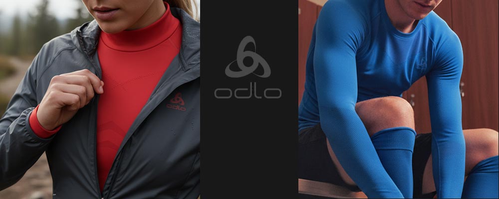 Odlo Underwear Banner mit L&auml;uferin links, Fu&szlig;baller in der Umkleide sitzend rechts, beide in  Performance Fundamentals Oberteil. In der Mitte das Odlo Logo