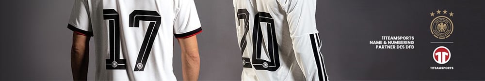 Logo 11teamsports + DFB mit Schriftzug 11TEAMSPORTS NAME & NUMBERING PARTNER DES DFB, in der Mitte R&uuml;ckenansichten mit den Trikots von Wirtz mit R&uuml;ckennummer 17 und Gnabry mit R&uuml;ckennummer 20 in original DFB Schrift mit Zahlen in 3D-Optik und offiziellen DFB-Wasserzeichen unten in den Ziffern als Authentizit&auml;tsmerkmal