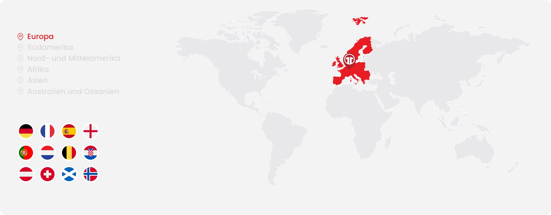 World map highlighting Europe with national team flags - Shop official European football shirts at 11teamsports