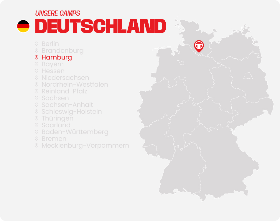 Map of Germany with all federal states listed - Find football camps for children near you at 11teamsports Football Academy