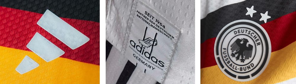Dreigeteiltes Banner mit Detailansichten des adidas Performance-Logos in neuer Thermodruck-Technik mit Texturierung und leicht erhabener Haptik links, mittig das Retro-Label "adidas DFB Partner seit 1954" und rechts Closeup des DFB-Wappens mit den 2 Damen-Weltmeistersternen thermogedruckt auf dem fein texturierten Trikot-Strick