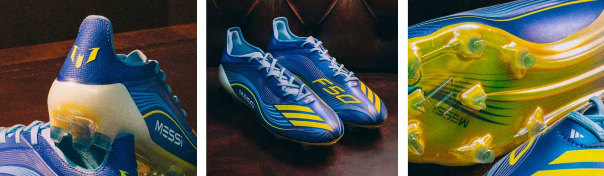 Dreiteilige Ansicht:links Fersenkappe mit neongelbem Messi-Logo, mittig ein Paar auf einem Kolonialledersessel drapiert, Detailblick auf die neongelbe Nockensohle des Topmodells