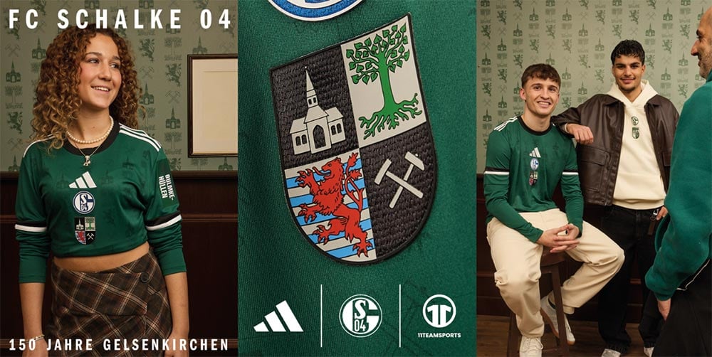 Offizielles Kampagnenbanner mit Fans, die das Sondertrikot als Lifestyle-Shirt tragen und in der Mitte ein Closeup auf den Gelsenkirchen-Webpatch vorne auf dem Sondertrikot