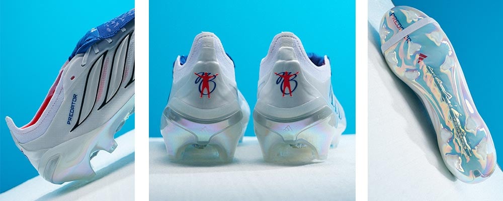 adidas Predator Elite FT FG in der Jude Bellingham Signature Edition, herausgekommen zusammen mit de F50 Trinity Rodman Signature Boots im adidas Icon Takeover Pack. Dreiteilige Ansicht, links Fersenansicht mit den gechwungenen Predator-Style adidas 3-Stripes, mittig Fersenansicht mit Judes Signature-Logo, rechts Blick auf die effektbeschichtete Sohle 