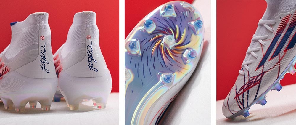 adidas F50 Sparkfusion Mid - das zweite Signature-Modell f&uuml;r US-Fu&szlig;ballstar Trinity Rodman in drei Detailansichten: links Blick auf die Fersen mit Trinity-Unterschrift auf dem Heel Panel, mittig Blick auf den vorderen Sohlenteil der effektbeschichteten Sohle mit 360 Rotation Zone, rechts die Zehenbox mit den Signature-Trinity-Liniengrafiken