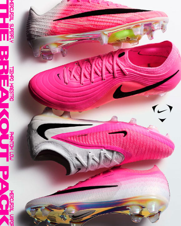 Nike Break Out Pack Banner with campaign typography and a boot of each silo - Vapor 17, Superfly 11, Tiempo, Phantom 6