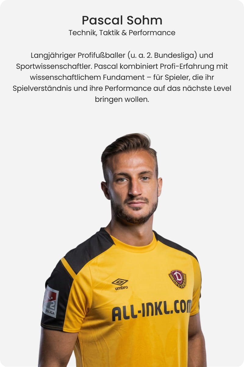 Pascal Sohm, former 2. Bundesliga professional and sports scientist at Dynamo Dresden, wearing yellow and black Umbro kit - Technique, tactics and performance expert at 11teamsports Football Academy