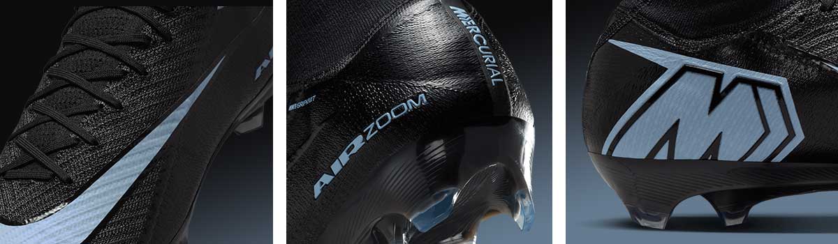 dreiteilige Detailansicht des kleinen Design-Facelifts für Merurial Superfly 10 und Mercurial Vapor 16: Nike Swoosh deutlich größer, prominentes AIR-Graffiti-Logo auf der Fersenkappe jetzt ein cleaner Technologie-Schriftzug seitlich, Mercurial M-Logo ist zurück auf der Schuh-Innenseite