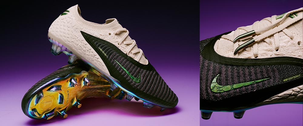 Ein Paar Nike Phantom 6 "Mamba Mentality" Elite FG Special Edition Fußballschuhe einmal schön fotografiert als Produkt-Shot, rechts Closeup von den Schnürsenkelkappen in Form von Schlangenzähnen