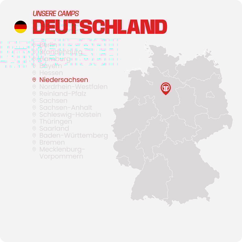 Map of Germany with all federal states listed - Find football camps for children near you at 11teamsports Football Academy