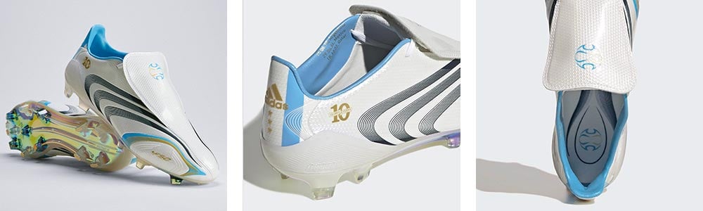 Banner mit drei Detailansichten des adidas F50 Elite FG Tunit von Januar 2026