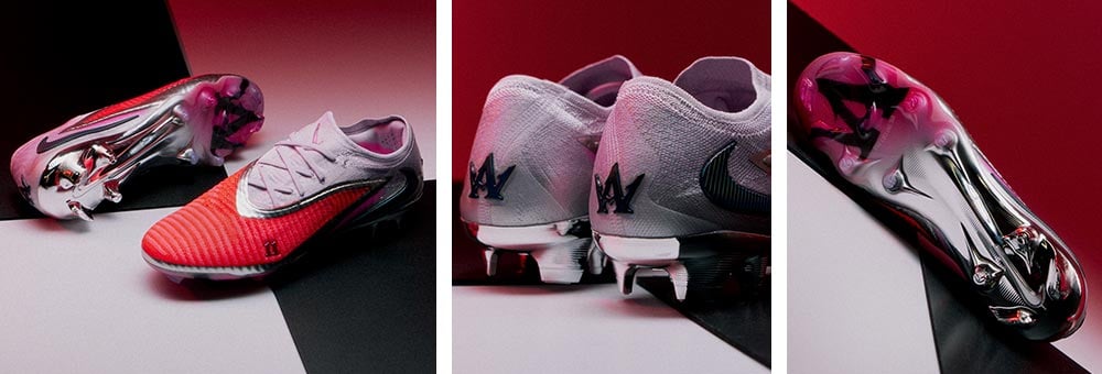Dreiteilige Ansicht der Nike Phantom 6 Low Elite FG Alexia Putellas Player Edition Fu&szlig;ballschuhe: links: das Signature-Paar sch&ouml;n arrangiert auf Schauchbrettfliesen, mittig Fersenansicht mit dem Alexia Monogramm-Logo (A mit R&uuml;ckennummer 11, das zusammen eine Kronenform ergibt), rechts Blick auf die Effektsohle, hinten silbermetallic beschichtet zum Ballen hin wird die Sohle transparent und darunter das Alexia Logo gro&szlig; platziert
