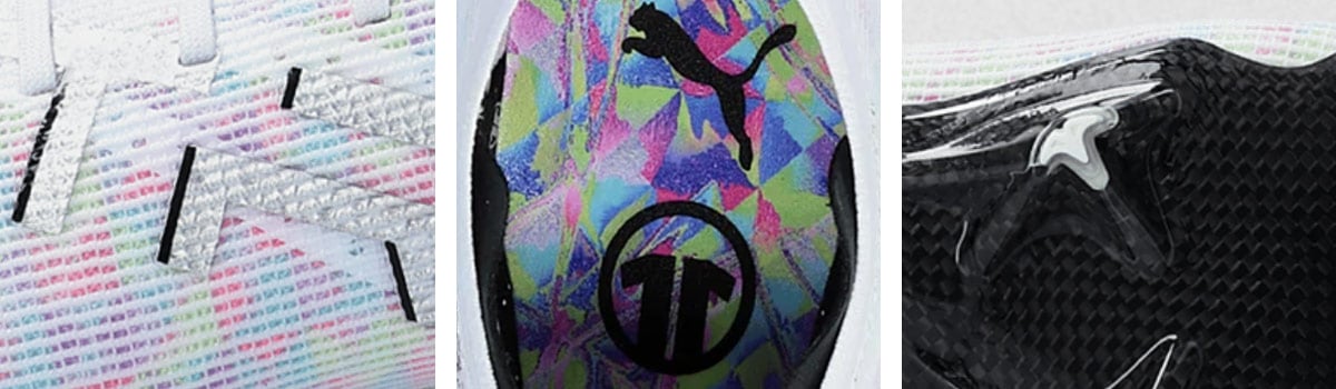 Detailansichten unseres exklusiven  weißen PUMA X 11teamsports ULTRA 5 Ultimate FG Special Edition Modells mit Carbon-Sohle: Upperdetail mit Pastellfarben, mittig Blick auf die 11teamsports gebrandete Design-Einlegesohle, rechts: Nahaufnahme der Sohle mit Carbon-Geflecht