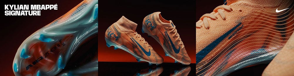Nike Mercurial Kylian Mbapp&eacute; Kampagnen-Banner mit einer dreiteiligen Detailansicht der neunten Signature Edition f&uuml;r Kylian in Orange aus Herbst 2025