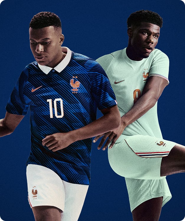 Two players wearing France home and away Nike jerseys - Shop official FFF football shirts at 11teamsports