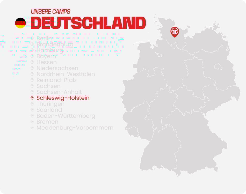 Map of Germany with all federal states listed - Find football camps for children near you at 11teamsports Football Academy