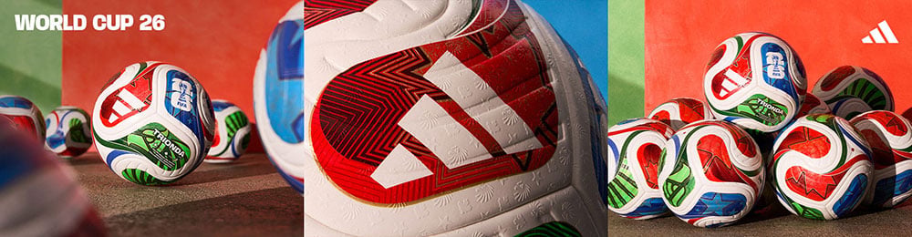adidas FIFA Wordl Cup 2026 Bälle - offizielles 11teamsportsbanner mit drei inszenierten Ansichten des offiziellen WM-Spielballs mit den drei Hauptfarben Rot, Blau und Grün
