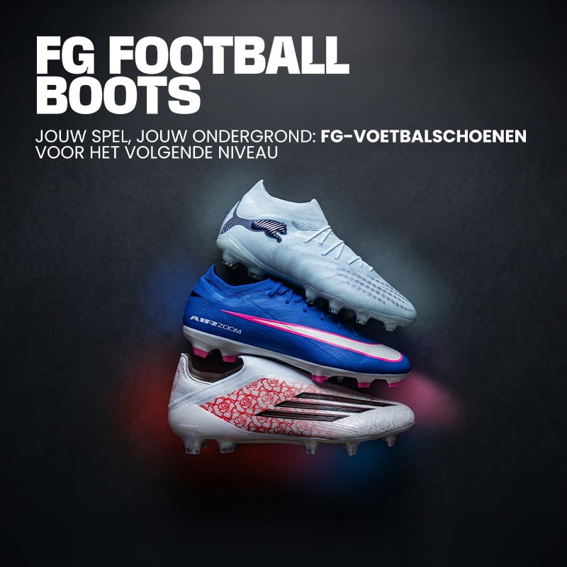 Three FG football boots stacked including white Puma, blue Nike Air Zoom and white Adidas with rose print - Shop FG football boots at 11teamsports