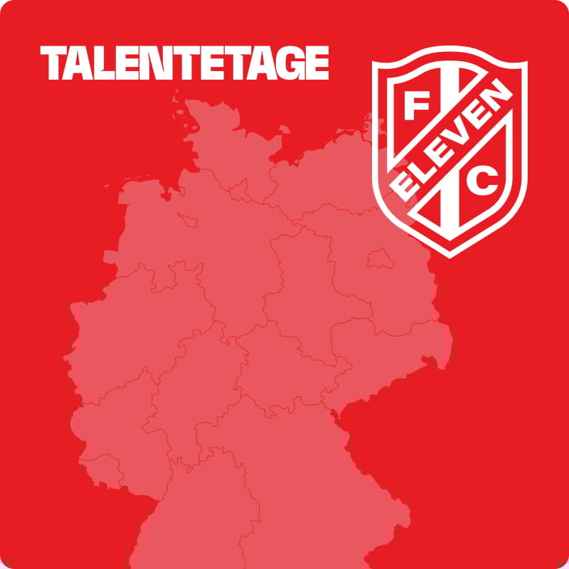 Germany map on red background with Eleven FC badge - Talent Days for young footballers at 11teamsports Football Academy