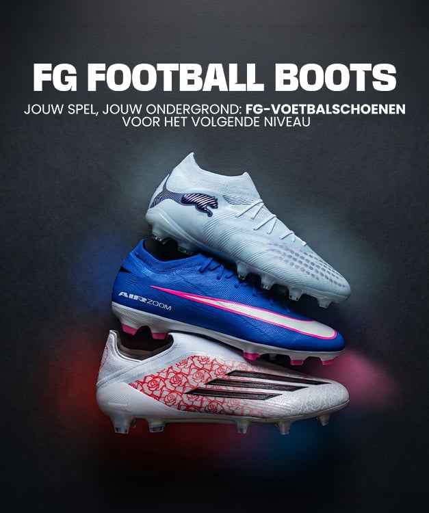Three FG football boots stacked including white Puma, blue Nike Air Zoom and white Adidas with rose print - Shop FG football boots at 11teamsports