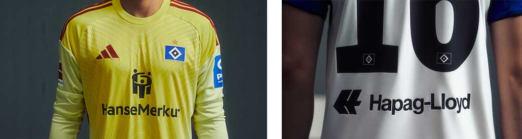 Zweiteiliges Banner zur HSV-Veredelungsoption bei 11teamsports mit eigener Namenswahl und Wunschnummer plus Zusatzoption auf den Bundesliga-Patch rechts auf dem Ärmel: Links gelbes Tormwarttrikot in Torso-Closeup, rechts Ausschnitt der Rückennummer in Originalschrift mit HSV Wasserzeichen