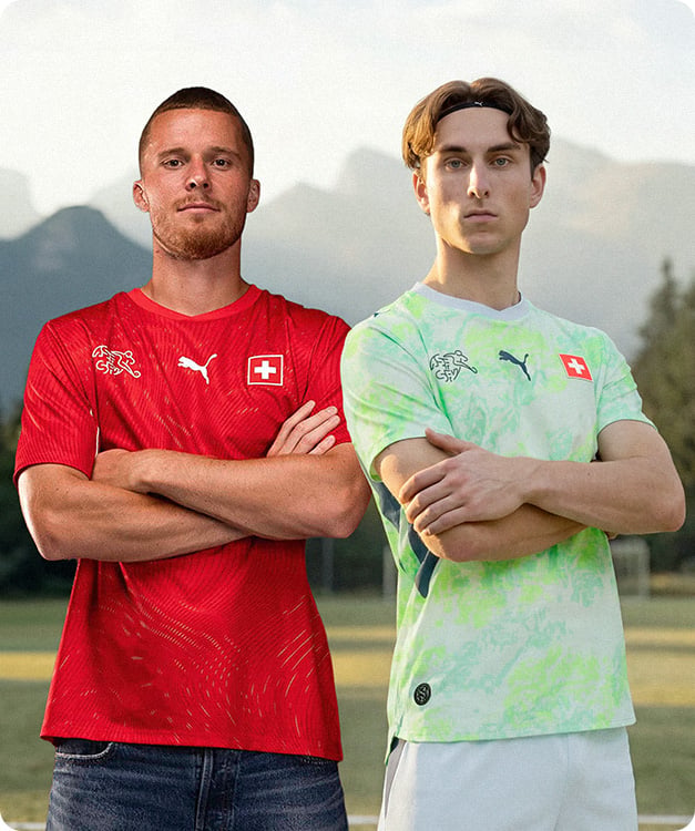 Switzerland red patterned home kit and neon green camouflage away shirt with Swiss cross badge - Official Swiss national team jerseys at 11teamsports