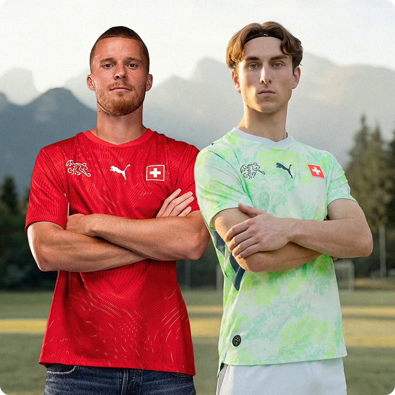 Switzerland red patterned home kit and neon green camouflage away shirt with Swiss cross badge - Official Swiss national team jerseys at 11teamsports