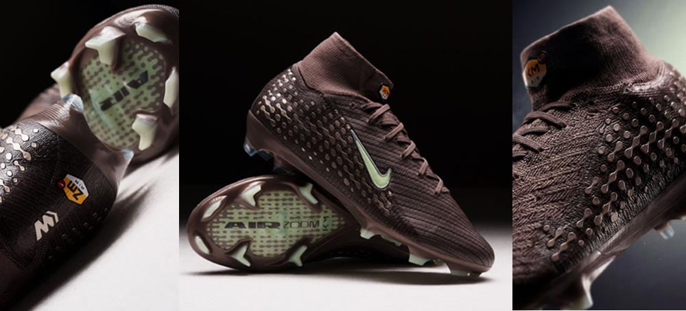 Banner mit drei Studio-Shots des Nike Mercurial Superfly Elite FG Kylian Mbappe Signature Topmodell: links Detail auf Sohle und Ferse , mittig kompletter Blick auf das Paar, rechts Detailblick auf das gestrickte Upper und gedruckter Struktur an der Ferse