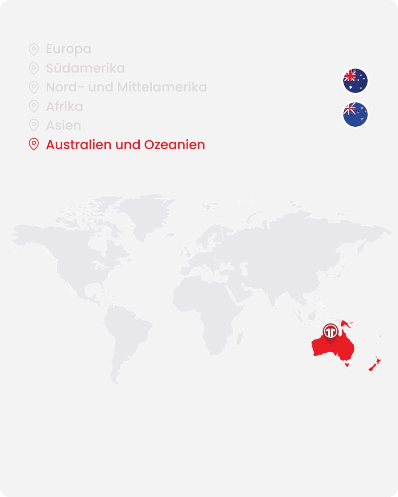 World map highlighting Australia and Oceania with national team flags - Shop official Oceania football shirts at 11teamsports