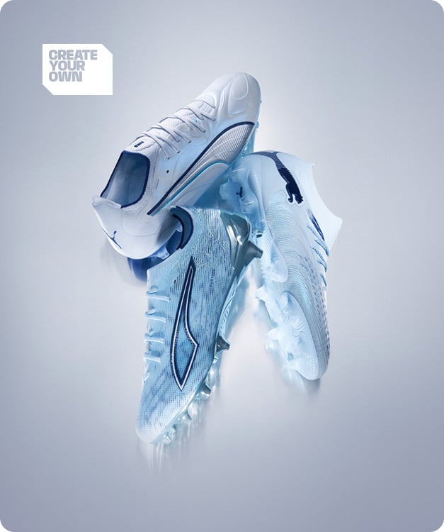 Puma DreamRush Pack boot collection in white and light blue floating on grey background - Create Your Own custom boots at 11teamsports