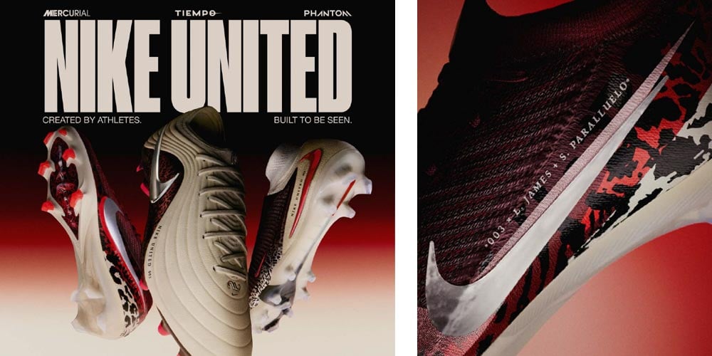 Nike United 003 Pack, make women's football seen. Left side: Elite model of Nike Tiempo, Nike Phantom and Nike Mercurial hanging in the air in front of a red to ivory white gradient background, right side: close up of the side with the names of the two female top endorsers printed on: Salma Paralluelo from FC Barcelona and Lauren James from Chelsea FC