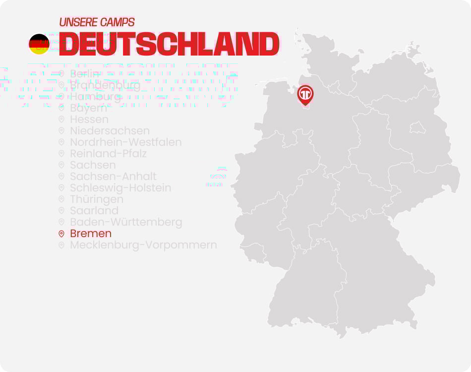 Map of Germany with all federal states listed - Find football camps for children near you at 11teamsports Football Academy