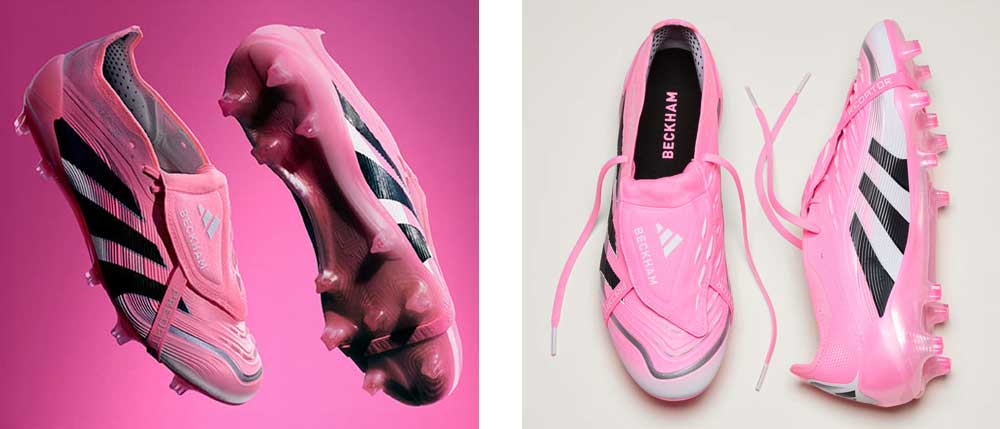 Doppelansicht: links ein Paar adidas Predator Beckham Icon Elite Fußballschuhe in der Luft schwebend vor pinkfarbenem Gradient-Hintergrund, rechts adidas Foto mit Blick auf das Paar in natürlichgerem Licht, rechter Schuh stehend erlaubt Blick in den Kragen auf die Einlegesohle, linker Schuh liegt seithlich und präsentiert die FG-Nocken und die adidas 3-Stripes seitlich